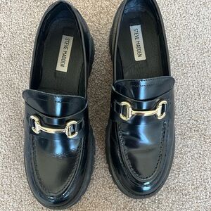 Steve Madden Black Patent Leather Loafers with Gold Bit
